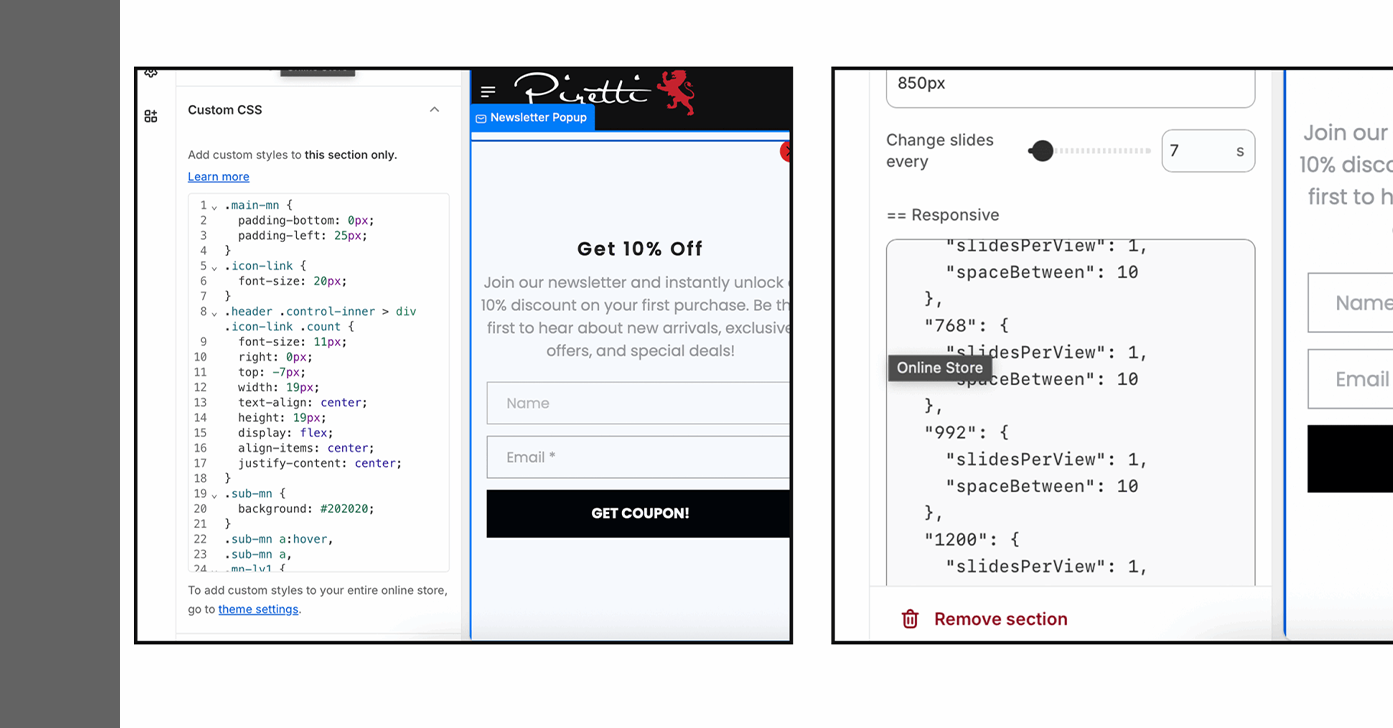 Shopify theme editor showing Piretti homepage with custom CSS and responsive slider settings