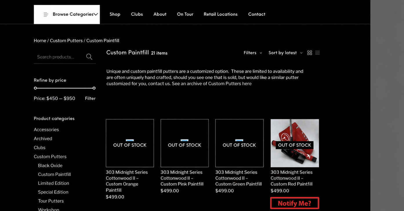 Piretti Golf Custom Paintfill category page before the first redesign