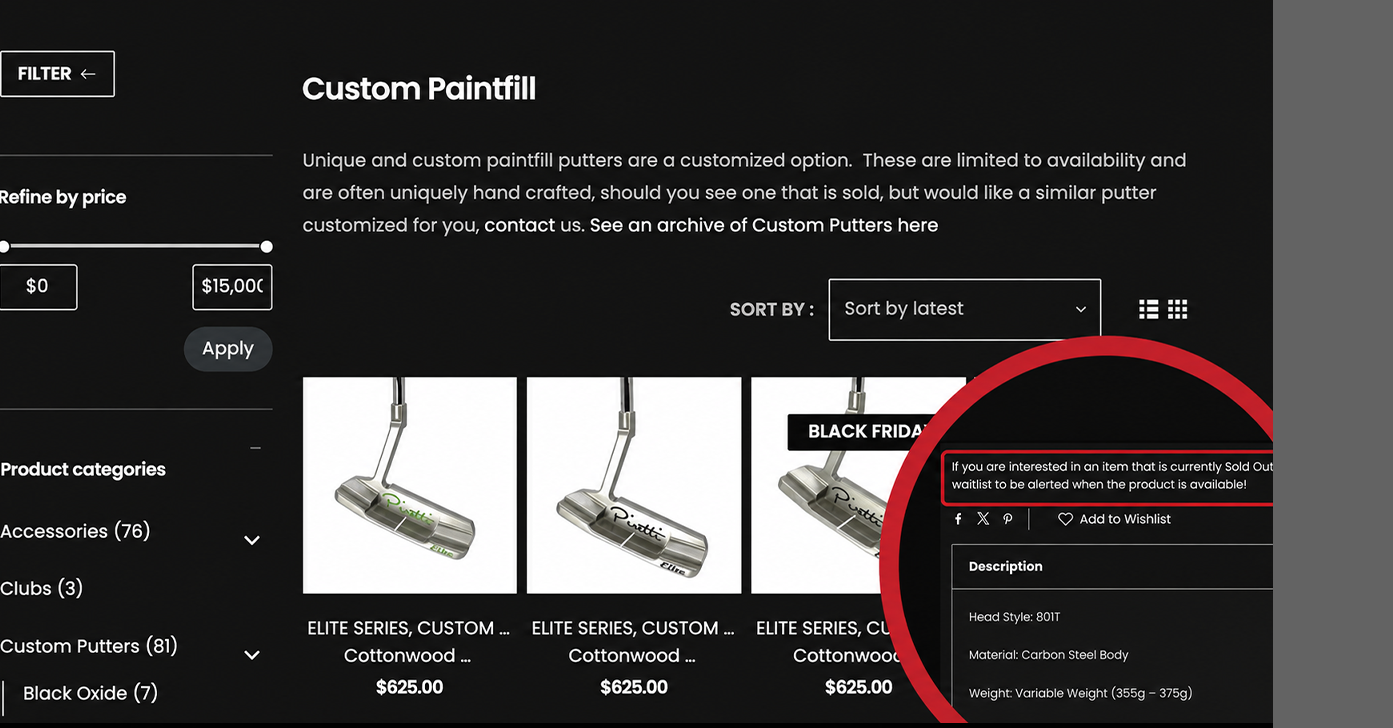 Piretti Golf Custom Paintfill category page after redesign