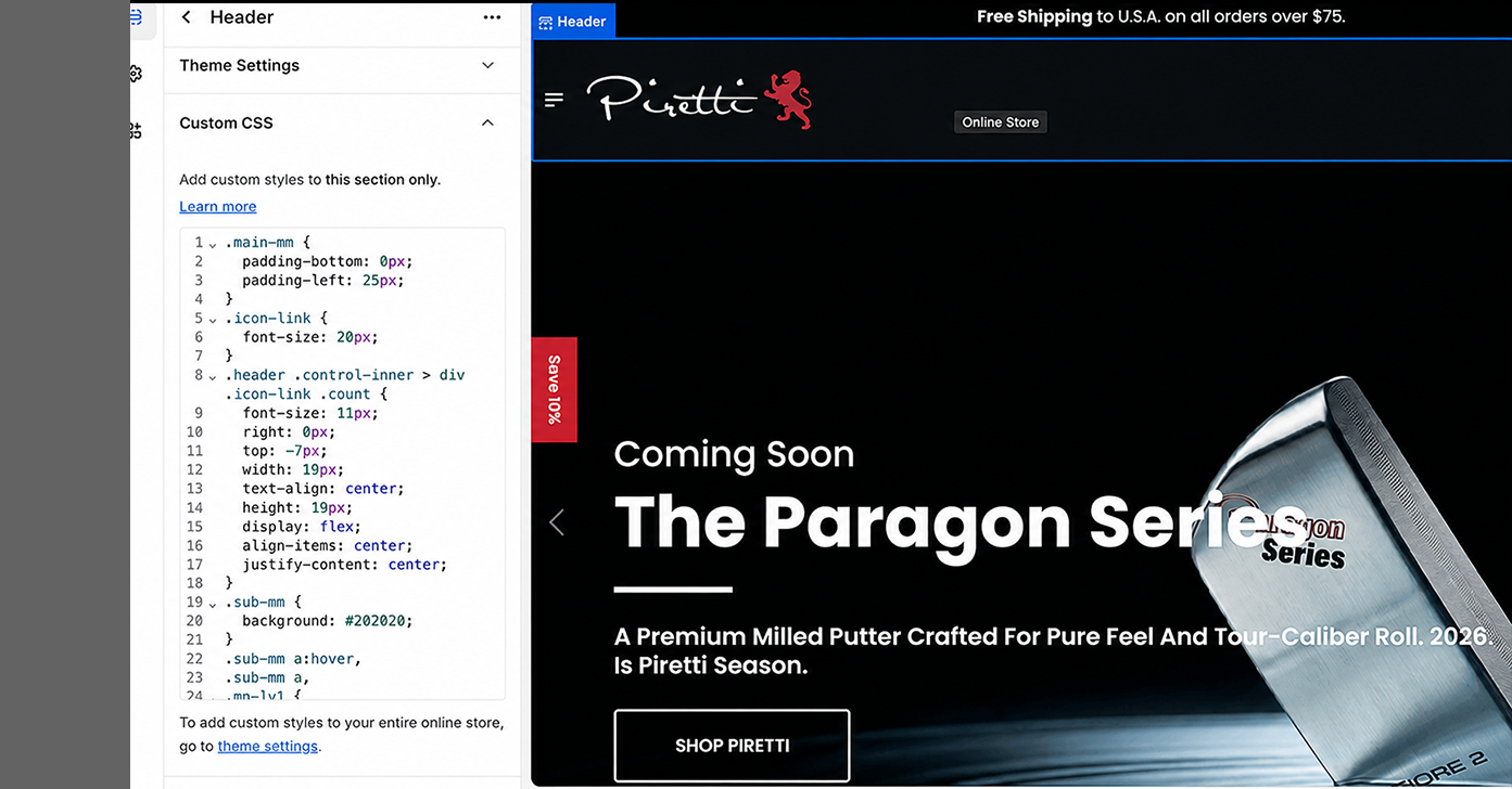 Shopify build environment with custom CSS editor showing Piretti homepage