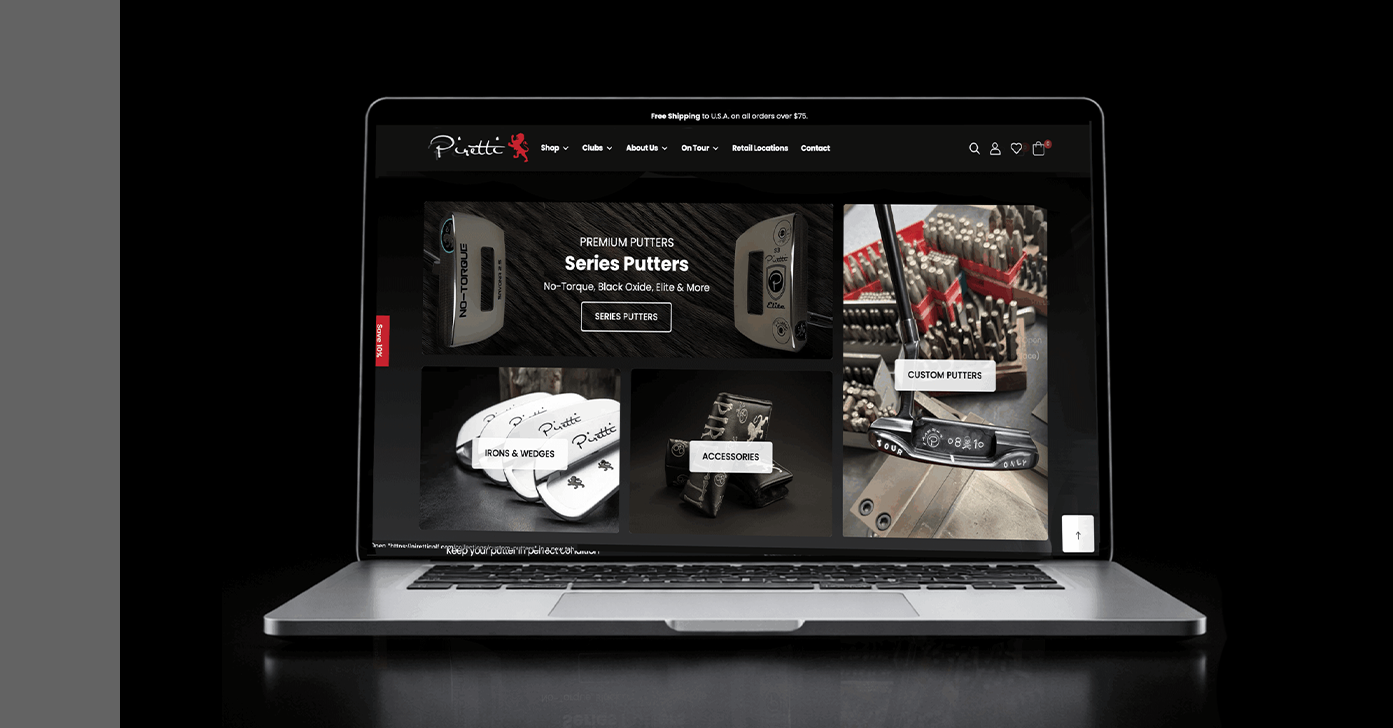 Piretti Shopify homepage shown on a laptop with collection tiles for Series Putters, Custom Putters, Irons & Wedges, and Accessories